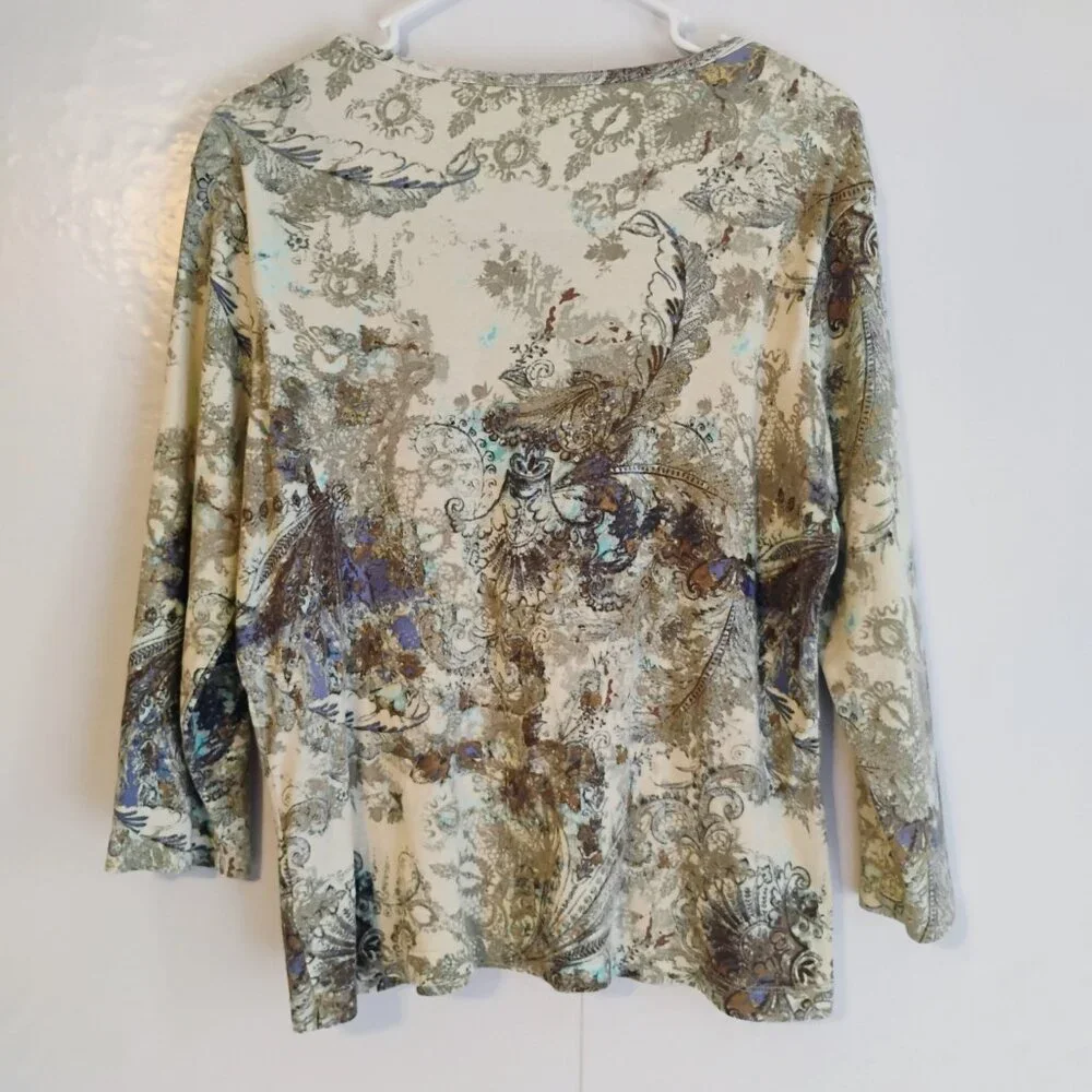 SONOMA XL Embellished Paisley Ribbed Knit Top 3/4 Sleeve Boho Shimmer